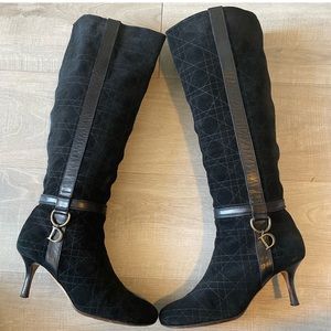 DIOR Cannage Knee High Diorama Black Suede Heel Boots